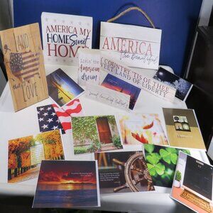 Patriotic (6) Real Wood Signs (12) Cards - Envelopes; Americana, shelf sitter